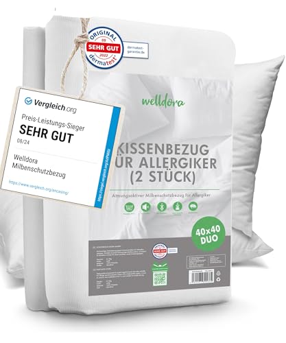 Welldora ǀ 2er-Set Premium Milbenbezug Kissen 40x40 ǀ Allergiker Kissenbezug fachärztlich getestet ǀ Premium Encasing mit Reissverschluss ǀ Allergiker Bettwäsche von Welldora