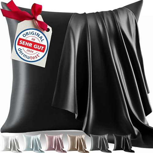 Welldora Kissenbezug aus 100% Seide 80x80 | Hohes Gewicht: 22 Momme, ideal für Haut und Haar | Höchste Güteklasse 6A | Zertifiziert in der Schweiz | Oeko-Tex* Seidenkissenbezug Graphitschwarz von Welldora