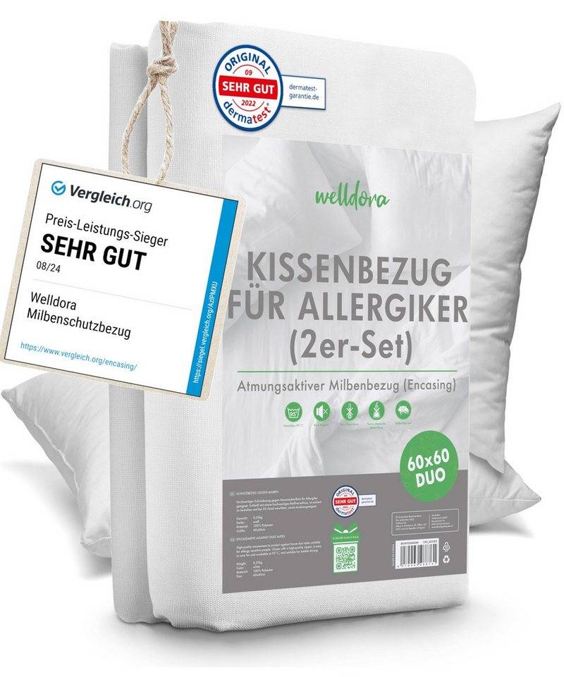 Welldora Kissenbezug für Allergiker, 2er-Set Milbenbezug Kissen, fachärztlich getestet, Encasing gegen Milben & Bettwanzen ǀ Allergiker Bettwäsche von Welldora