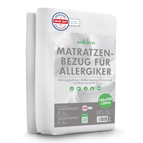 Welldora ǀ Premium Milbenbezug Matratzen 160x200x28 ǀ Allergiker Matratzenschoner fachärztlich getestet ǀ Encasing mit Reissverschluss ǀ Allergiker Bettwäsche von Welldora