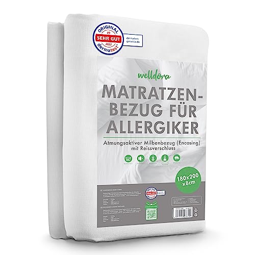 Welldora ǀ Premium Milbenbezug Matratzen 180x200x8 Topper ǀ Fachärztlich getesteter Allergiker Matratzenschoner ǀ Anti Milben Encasing mit Reissverschluss ǀ Allergiker Bettwäsche von Welldora