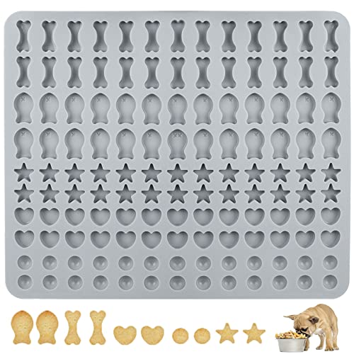 Backmatte Hundekekse Silikon Backmatte Hundeleckerlies 5 Formen in 1 BPA-freie Backmatte Backform für DIY Hundekekse und Leckerlis (Hellgrau Blau, 130 Gitter, Halbkugel Fischgräte Stern Herzform) von Wellehomi