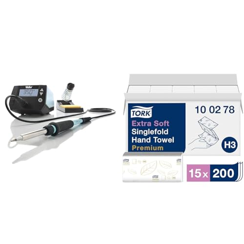 Weller WE 1010 70 W/230 V Digital 1-Kanal-Lötstation & Tork extra weiche Zickzack Papierhandtücher Premium 100278 - H3 Falthandtücher für Zickzack Papierhandtuchspender - besonders saugfähig von Weller