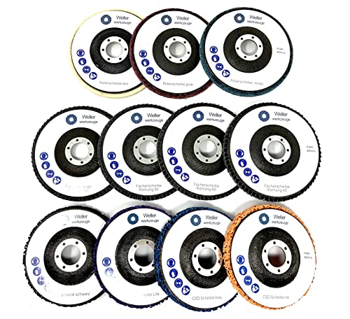 WELLERWERKZEUGE | Starterset für Winkelschleifer 125mm Fächerscheiben Polierscheiben CSD Scheiben Grobreinigungsscheibe geeignet für alle standard Winkelschleifer 125mm von Wellerwerkzeuge