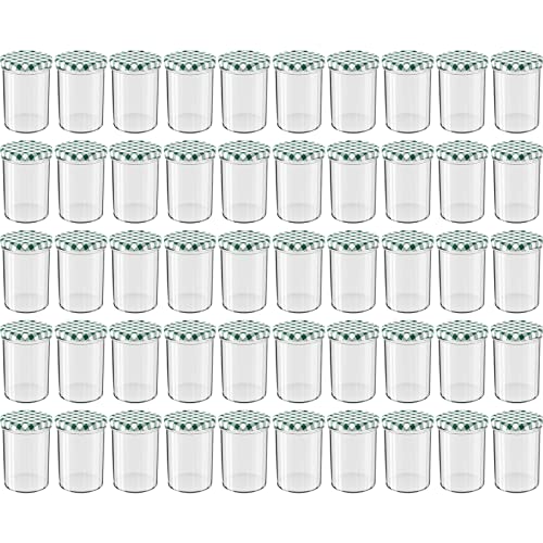 WELLGRO® Einmachgläser mit Schraubdeckel - 435 ml, 8,5 x 12 cm (ØxH), Glas/Metall, grün karierte Deckel To 82, Gläser Made in Germany, verschiedene Mengen wählbar, Stückzahl:50 Stück von WELLGRO