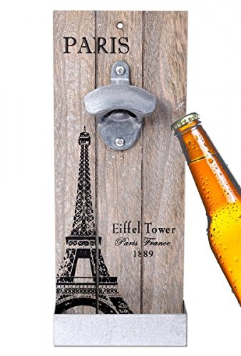 WELLGRO® Nostalgischer Wandflaschenöffner mit Auffangbehälter Paris - Antik Look - Flaschenöffner - Bieröffner - Öffner - Männergeschenk - Kapselheber von WELLGRO