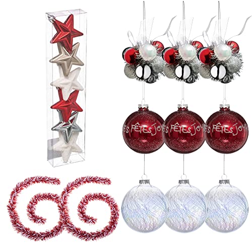 Dekoratives Set rot/Silber/weiß: 6 Weihnachtssterne (3 Farben) +3 x Kristallkugel 100 mm weiß + 3 x Kristallkugel 90 mm rot + 3 x NA Blume von WELLHOME