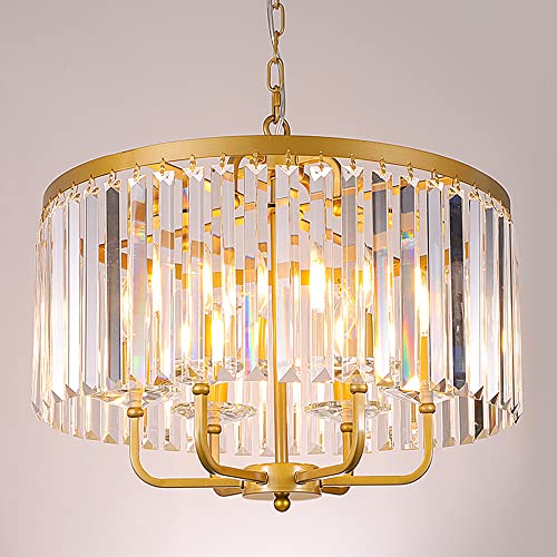 Wellmet Antik-Gold Kristall Kronleuchter Pendelleuchte Esstisch Modern Deckenleuchte 6-Licht Ø52cm Kerze Kristallleuchter Rund Hängeleuchte Deckenlampe Beleuchtung Wohnzimmer Küche Treppenhaus von Wellmet