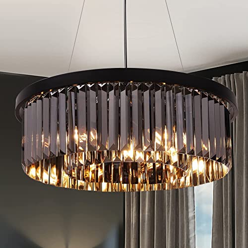 Wellmet Kristall Kronleuchter Modern Kristallleuchter luxus Pendelleuchter Esstisch Hängeleuchte Schwarz 6-Licht Ø55cm Lüster Wohnzimmer Glas Deckenleuchte Rund Crystal Schlafzimmerlampe Rauchgrau von Wellmet