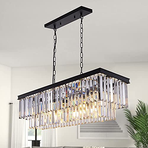 Wellmet Kristallleuchter Modern Kronleuchter Kristall Pendelleuchte Esstissch 9-Licht 85cm-Länge Deckenleuchte groß elegant Deckenlampe rechteckig Lüster Wohnzimmer Esszimmer Kücheninsel Beleuchtung von Wellmet