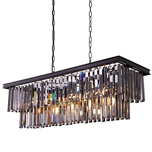 Wellmet Kristallleuchter Schwarz Kronleuchter Modern 9-Licht 89cm-länge Kristall Pendelleuchte Esstissch Glas Hängeleuchte Lüster Wohnzimmer Deckeleuchte Hängend Hängelampe Rauchgrau groß Rechteckig von Wellmet