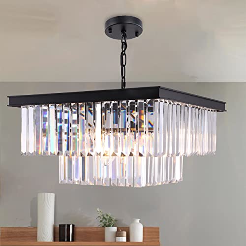 Wellmet Modern Kristall Kronleuchter 9-Licht 50cm Kristallleuchter Schwarz Kristall Pendelleuchte Esstisch Deckenleuchte Led Hängelampe Lüster Wohnzimmer Deckenlampe hängend Küche Hängeleuchte von Wellmet