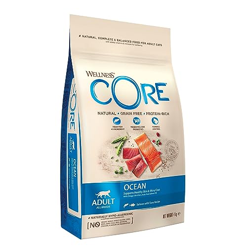 Wellness CORE Ocean, Lachs & Thunfisch, 4 kg, Premium Katzenfutter trocken für ausgewachsene Katzen, ohne Zuckerzusatz, getreidefei, mit hohem Fleischanteil, fördert ein glänzendes Fell von Wellness CORE