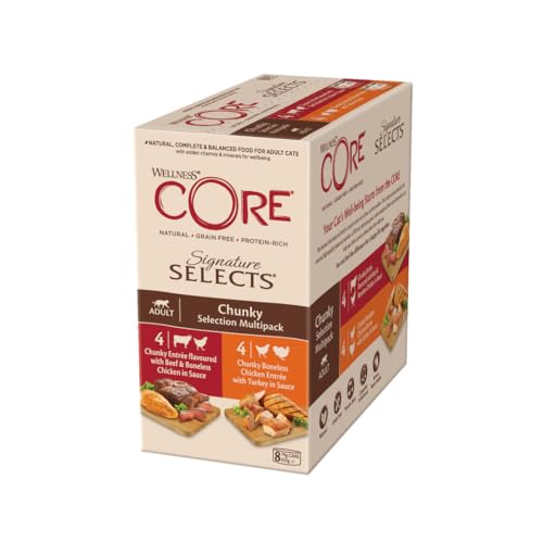 Wellness CORE Signature Selects, Chunky Selection Mix, 8 x 79 g, Premium Nassfutter für ausgewachsene Katzen in Sauce, ohne Zuckerzusatz, getreidefrei, mit hohem Fleischanteil Wellness CORE Signature Selects, Chunky Selection Mix, 8 x 79 g, Premium Nassfutter für ausgewachsene Katzen in Sauce, ohne Zuckerzusatz, getreidefrei, mit hohem Fleischanteil von Wellness CORE
