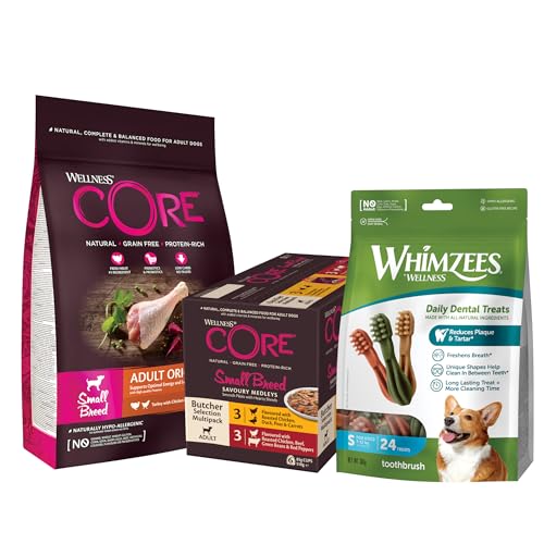Wellness CORE Small Breed Original, Pute & Huhn, 5 kg + Wellness CORE Small Breed Savoury Medleys, Hundefutter nass für kleine Hunde 6 x 85 g + WHIMZEES by Wellness Zahnbürste, 24 Stück von Wellness CORE