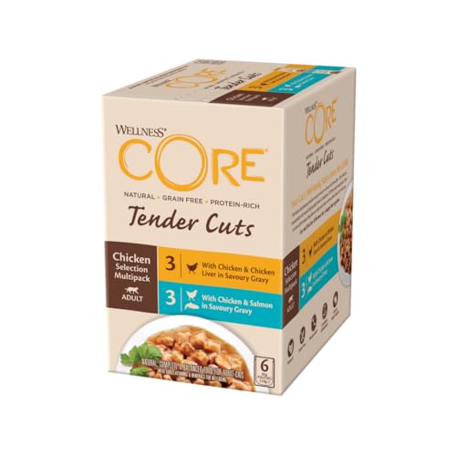 Wellness CORE Tender Cuts, Hühnchen Selection Mix, 6 x 85 g, Premium Nassfutter für ausgewachsene Katzen in Sauce, ohne Zuckerzusatz, getreidefrei, mit hohem Fleischanteil von Wellness CORE
