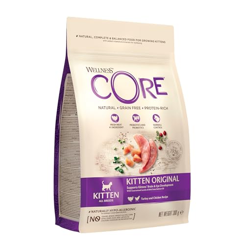 Wellness CORE Kitten Original, Huhn & Pute, 300 g, Premium Kitten Trockenfutter, ohne Zuckerzusatz, getreidefrei, mit hohem Fleischanteil, fördert Gehirn- & Augenentwicklung von Wellness CORE