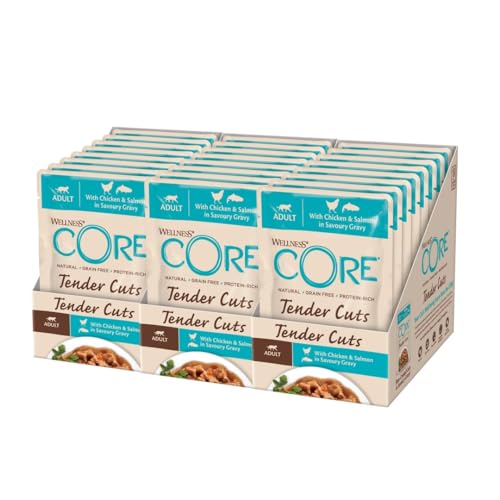 Wellness CORE Tender Cuts, Huhn & Lachs, 24 x 85 g, Premium Nassfutter für ausgewachsene Katzen in Sauce, ohne Zuckerzusatz, getreidefrei, mit hohem Fleischanteil von Wellness CORE