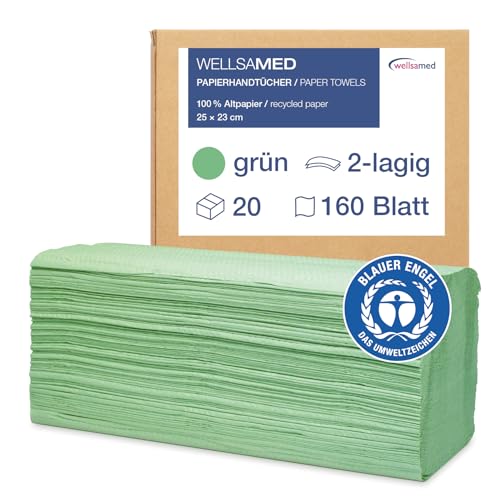 Wellsamed Papierhandtücher 3200 Stück, 25 x 23 cm Grün 2-lagig, ZZ-Falz umweltfreundliche Falthandtücher, Handtuchpapier, Papiertücher von Wellsamed