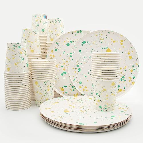 Wellsamed WELLSACUP 100 Pappbecher 180 ml mit Teller, Sprinkles Gelb-Grün, Terrazzo, geeignet für Heiß- und Kaltgetränke, Coffee to go, Party, Kindergeburtstag von Wellsamed