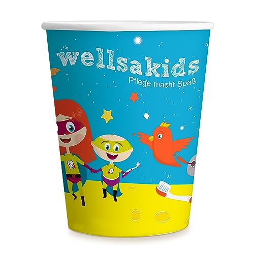 Wellsamed WELLSACUP 100 Stück Pappbecher 180 ml, Motiv Wellsakids Zahnputzhelden, geeignet für Heiß- und Kaltgetränke, Kindergarten, Motivation Mundhygiene von Wellsamed