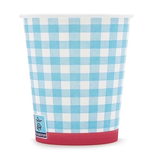 Wellsamed WELLSACUP 100 Stück Pappbecher 180 ml Blau Kariert, geeignet für Heiß- und Kaltgetränke, Coffee to go, Picknick, Grillen, Party von Wellsamed