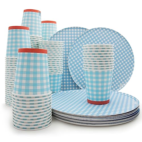 Wellsamed WELLSACUP 100 Stück Pappbecher 180 ml mit Teller, Blau Kariert, geeignet für Heiß- und Kaltgetränke, Coffee to go, Picknick, Grillen, Party von Wellsamed