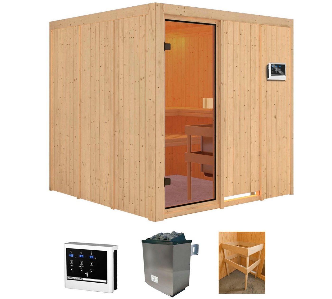 welltime Sauna Mars, BxTxH: 196 x 196 x 198 cm, 68 mm, (Set) 9 kW-Ofen mit ext. Steuerung von Welltime