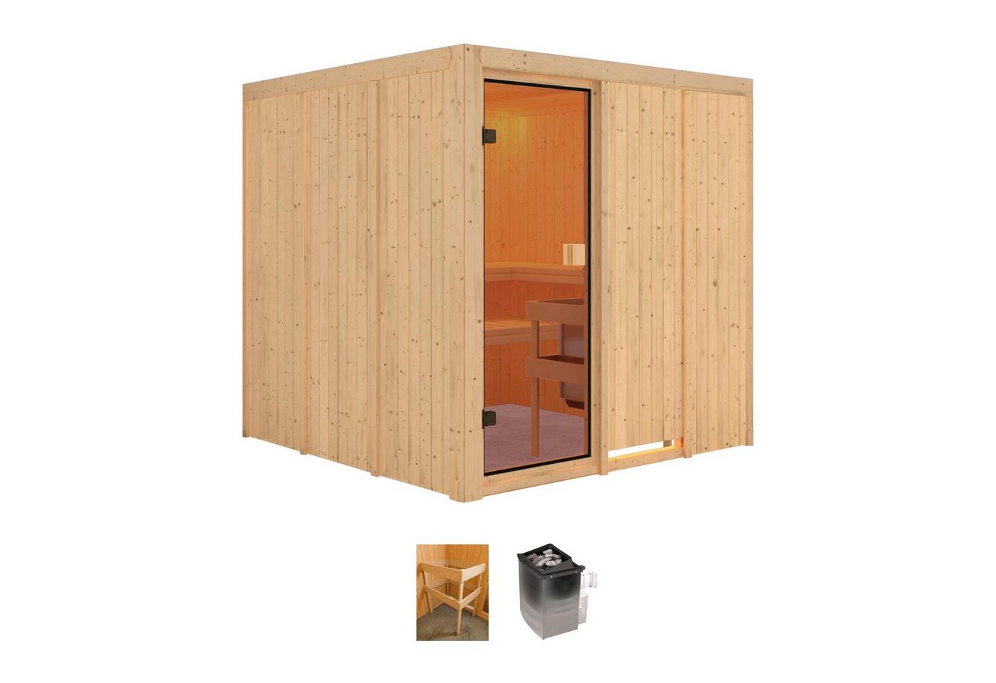 welltime Sauna Mars, BxTxH: 196 x 196 x 198 cm, 68 mm, (Set) 9 kW-Ofen mit int. Steuerung von Welltime