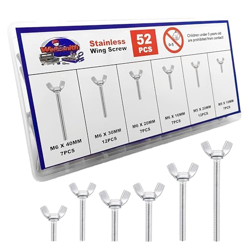 Wellzenith Flügelschraube, 52 Stück Edelstahl Flügelschrauben Kit mit Aufbewahrungsbox, Metrisch Grob, Innensechskant, Innensechsrund, M5, M6, 10CM, 16CM, 20CM, 30CM, 40CM von Wellzenith