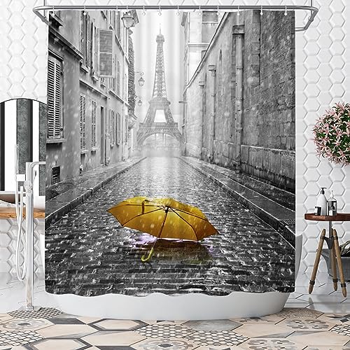 WELMECO Duschvorhang Paris Gelb und Grau Duschvorhang 183 x 183 cm Polyester Stoff Badezimmer Dekor von Welmeco