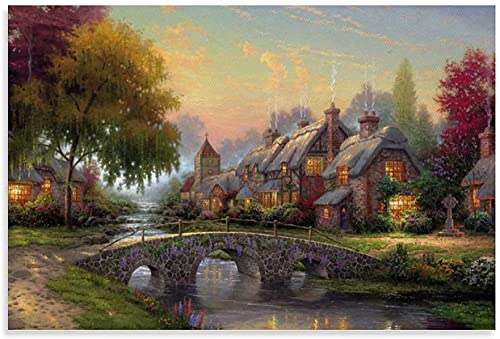 Welmini 5d Diamond Painting Diamant Bilder FüR Erwachsene Und Kinder Thomas Kinkade Cobblestone Bridge Picture Modern DIY Kreuzstich Arts Craft Kristall Strass 15.7''x19.7''(40x50cm) Kein Rahmen von Welmini