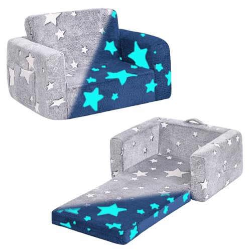 Welnow 2-in-1 Kids Sofa Chair, Glow in The Dark Convertible Toddler Chair Flip Out Chirldren Sofa Chair Folding Kids Play Sofa with Side Pockets & Removable Cover Armrest Chair for Girl or Boy von Welnow