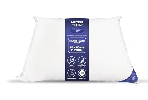 Welt der Träume Daunenkissen | 80x80 cm | Füllgewicht: 1100 Gramm | 100% Baumwolle | Kopfkissen 80x80 Daunen | Federkissen | kein Lebendrupf | weiß | 1 Stück von Welt der Träume