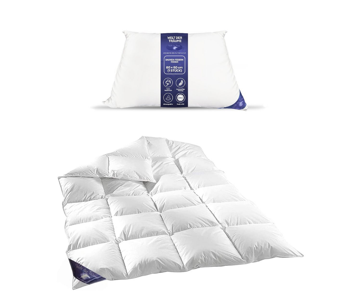 Welt der Träume Bettdecke + Kopfkissen 135x200 cm, 1200 gr + Kissen 80x80 cm, Bezug: 100% Baumwolle, Daunen Federn Bettdecke Daunendecke Kissen Kopfkissen Set von Welt der Träume