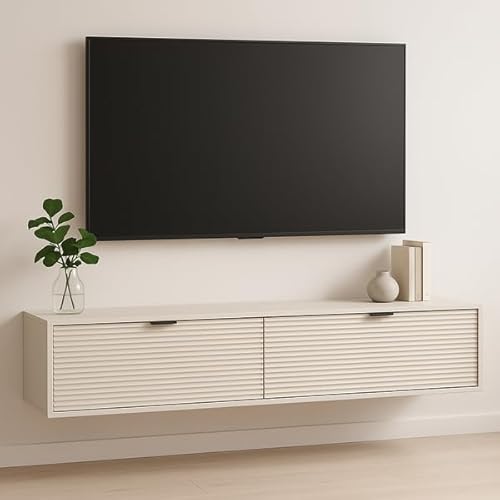 Wena Mobel TV Lowboard Hängend 140cm Lang | TV Schrank mit gerillten Fronten und 2 Türen | TV Regal Hängend | Fernsehschrank Schwebend | TV Unterschrank für Wohnzimmer (Kaschmirbeige) von Wena Meble