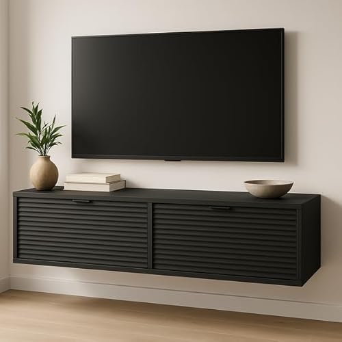 Wena Mobel TV Lowboard Hängend 140cm Lang | TV Schrank mit gerillten Fronten und 2 Türen | TV Regal Hängend | Fernsehschrank Schwebend | TV Unterschrank für Wohnzimmer (Schwarz) von Wena Meble