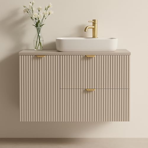 Wena Mobel Waschbeckenunterschrank Hängend 100 cm Breit | Waschtischunterschrank mit 2 Schubladen und Wäschekorb | Badezimmerschrank unter Waschbecken | Hängeschränke fürs Bad (Kaschmirbeige) von Wena Meble