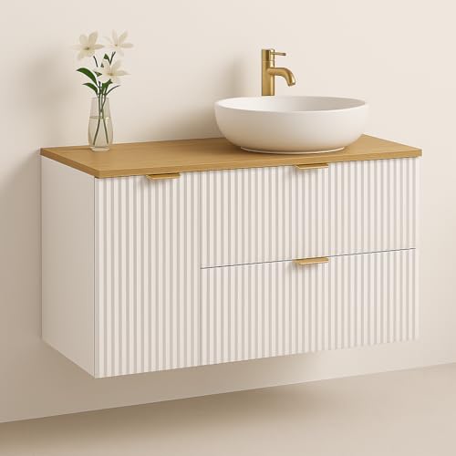 Wena Mobel Waschbeckenunterschrank Hängend 100 cm Breit | Waschtischunterschrank mit 2 Schubladen und Wäschekorb | Badezimmerschrank unter Waschbecken | Hängeschränke fürs Bad (Weiß/Walnuss) von Wena Meble