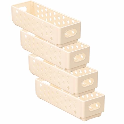 Wenbones Storage Box Plastic 4 Sets, Stapelbar Small Storage Basket Boxes Beige faltbar Tight Organiser Baskets Storage for Schlafzimmer Kitchen Bathroom Shelf Plastic Box (Beige, Klein) von Wenbones