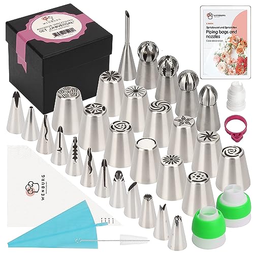 Wenburg Blumen Spritztüllen Set mit 29 Aufsätzen | Russische Spritztüllen Set | Kugel-, Rüschen- und Blattspitzen, Einfülltülle | Cupcakes & Kuchen Dekorieren Tipps | Spritzbeutel und Tips Set von Wenburg