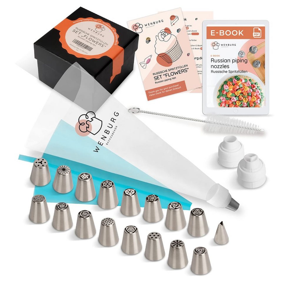 Wenburg Spritztüllen 43er-Set Tortendekoration Spritztüllen, Nylon/Polyethylen (PE)/Polypropylen (PP)/Edelstahl, (43-tlg), kreativ dekorieren Muffin Cupcake Kuchen Torten rostfreies Edelstahl von Wenburg