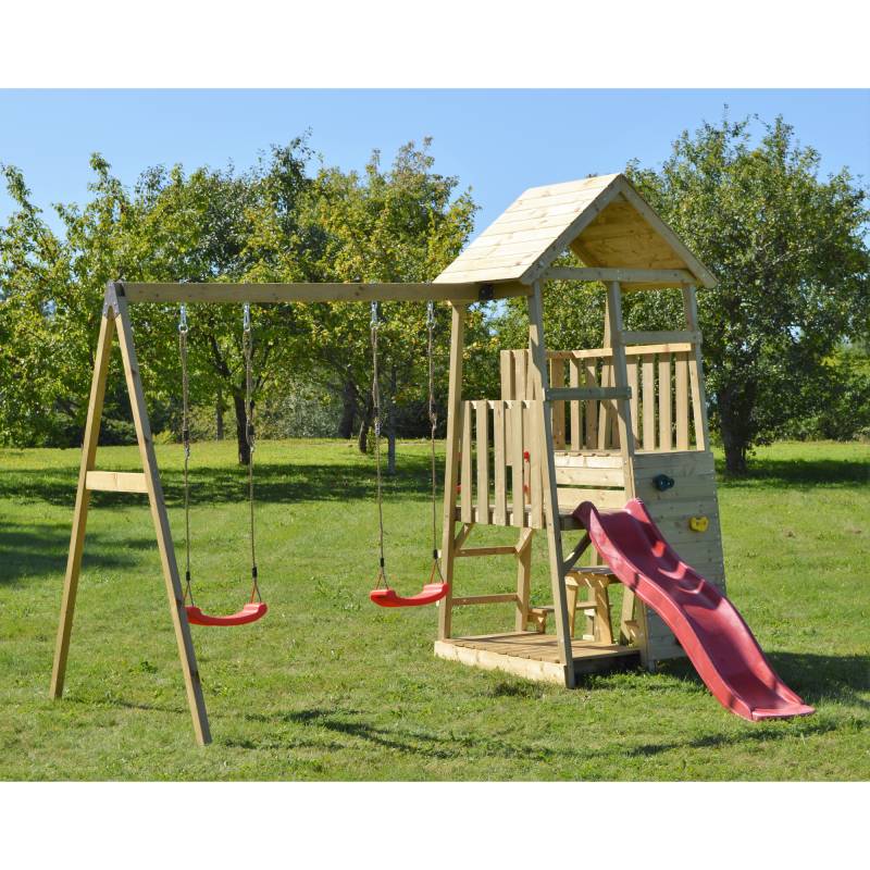 Wendi Toys Holz-Spielturm 'Flamingo' natur Rutsche, Kletterwand, 2 Schaukeln und Picknicktisch 280 x 340 x 270 cm von Wendi Toys