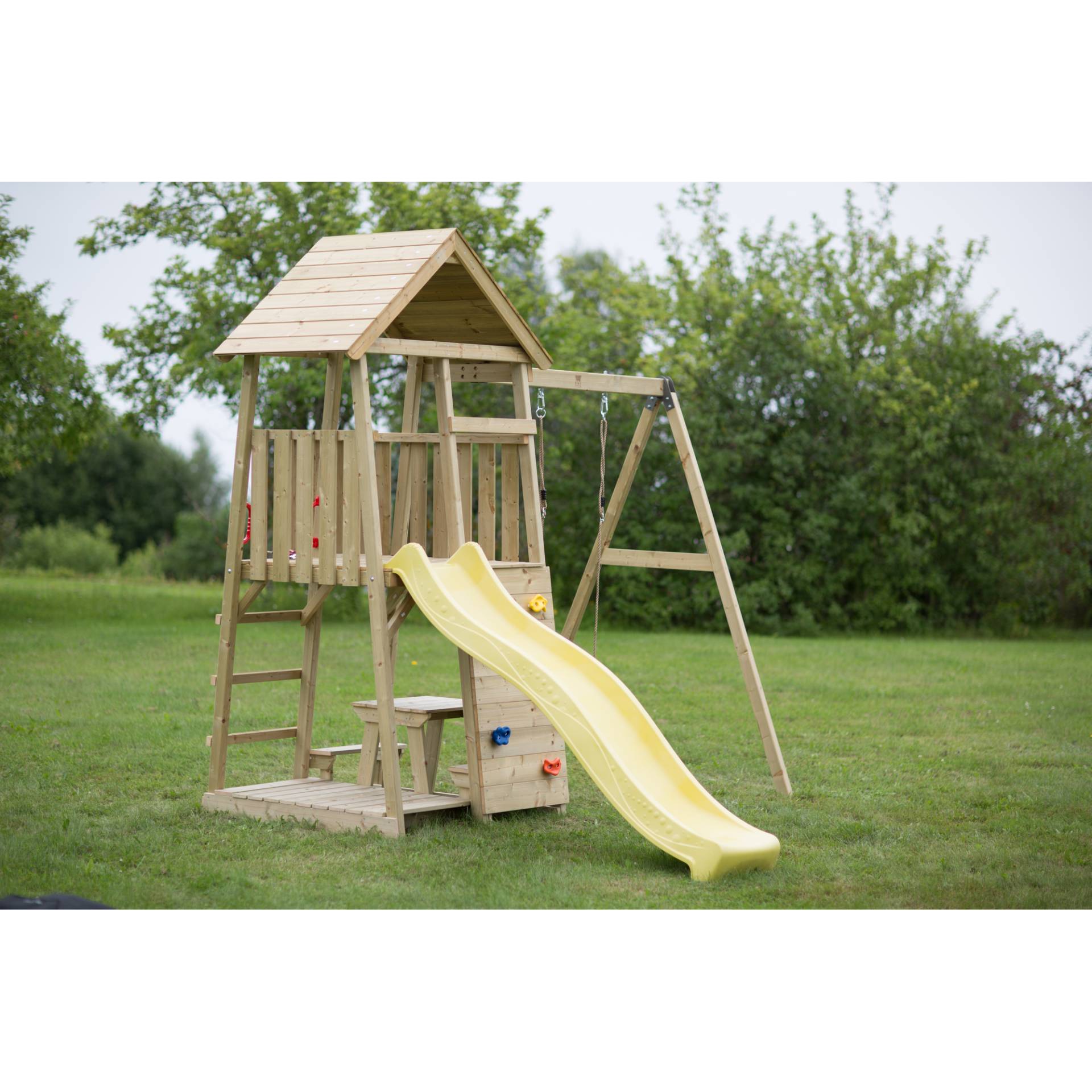 Wendi Toys Holz-Spielturm 'Pelikan' natur Rutsche, Kletterwand, Schaukel und Sitzgarnitur 280 x 270 x 270 cm von Wendi Toys