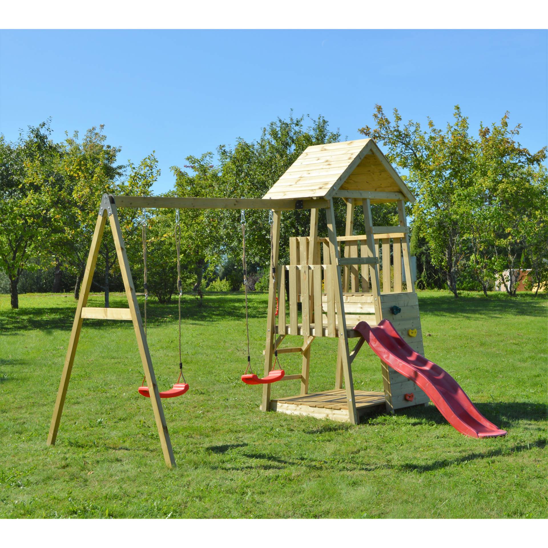 Wendi Toys Holz-Spielturm 'Salamander' natur Rutsche, Kletterwand und 2 Schaukeln 290 x 340 x 270 cm Wendi Toys Holz-Spielturm 'Salamander' natur Rutsche, Kletterwand und 2 Schaukeln 290 x 340 x 270 cm von Wendi Toys