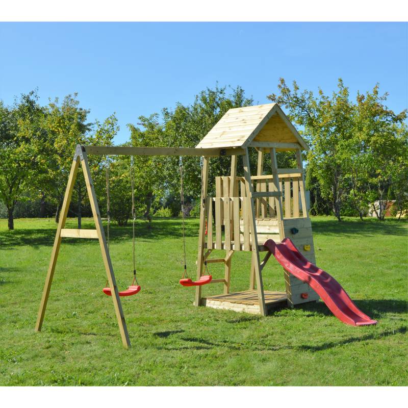 Wendi Toys Holz-Spielturm 'Salamander' natur Rutsche, Kletterwand und 2 Schaukeln 290 x 340 x 270 cm von Wendi Toys