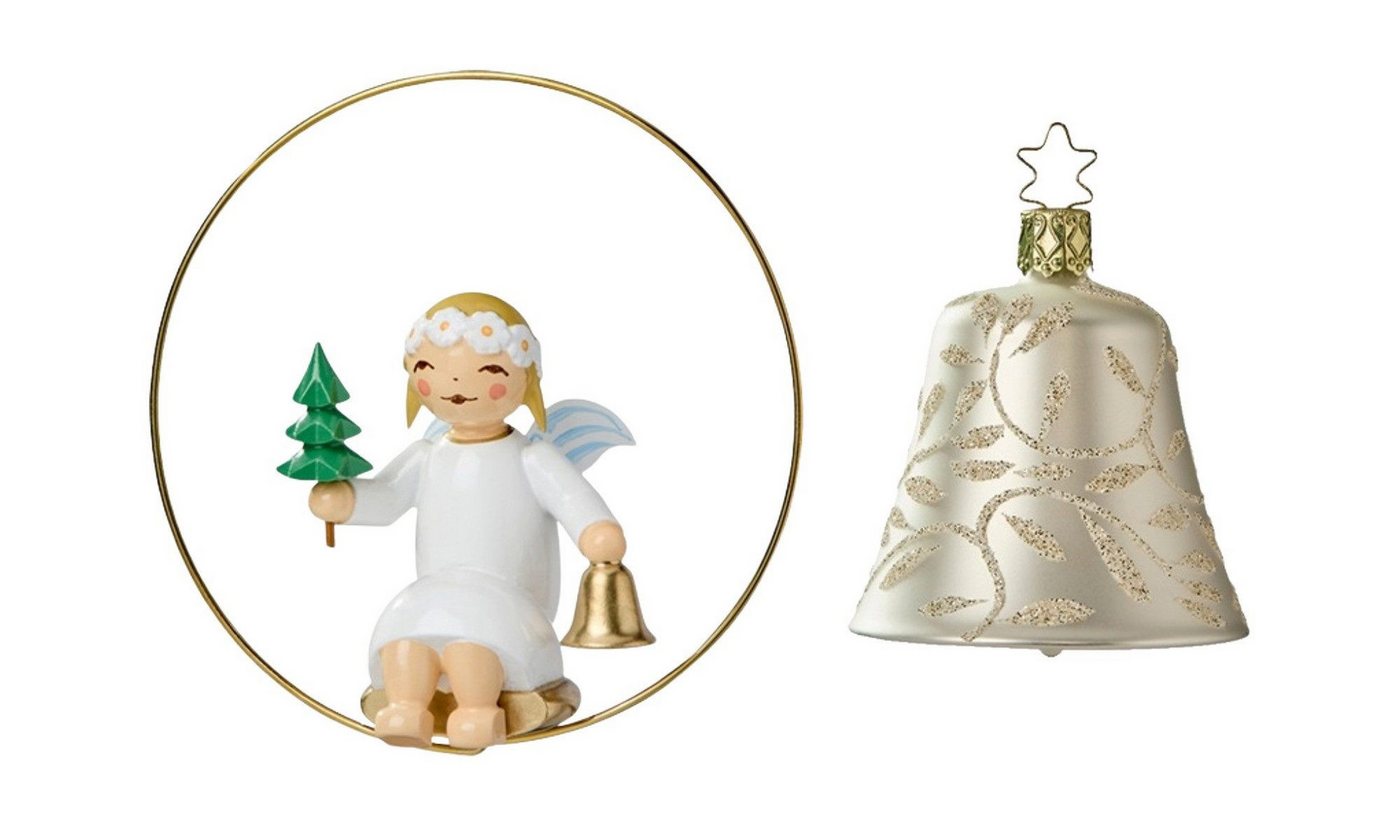 Wendt & Kühn Engelfigur Christbaumengel im Ring, mit Bäumchen und Glocke, Glasglocke silber (2 St), Original Erzgebirge von Wendt & Kühn