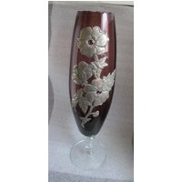 Riesige Ultra Selten Vtg Mid Century Empoli Optic Amethyst Glas W Repousse Zinn Anemone Blumenmuster Cabochon Mitten von Wendyleez