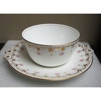 Victorian Era Altes Pariser Porzellan Antikes Dessert 6-Teiliges Set Schale Kuchenteller Bogen-Bandgriffe Handbemalte Emaillen Mit von Wendyleez