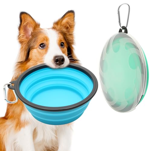 2 Stück Großer Hundenapf Faltbar, 1000 ml / 35 oz Faltbare Hundereisenäpfe, tragbarer Hundewasserfutternapf mit Verschluss, Haustier-Katzen-Futterbecher für Reisen, Wandern (Hellblau + Hellgrün) von Weniubit